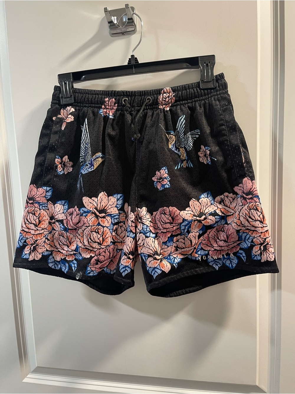 YoungLA Black Shorts with Pink & Blue Floral Hummingbird Print One Small Hole